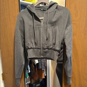 Gray Cropped Zip-Up Hoodie